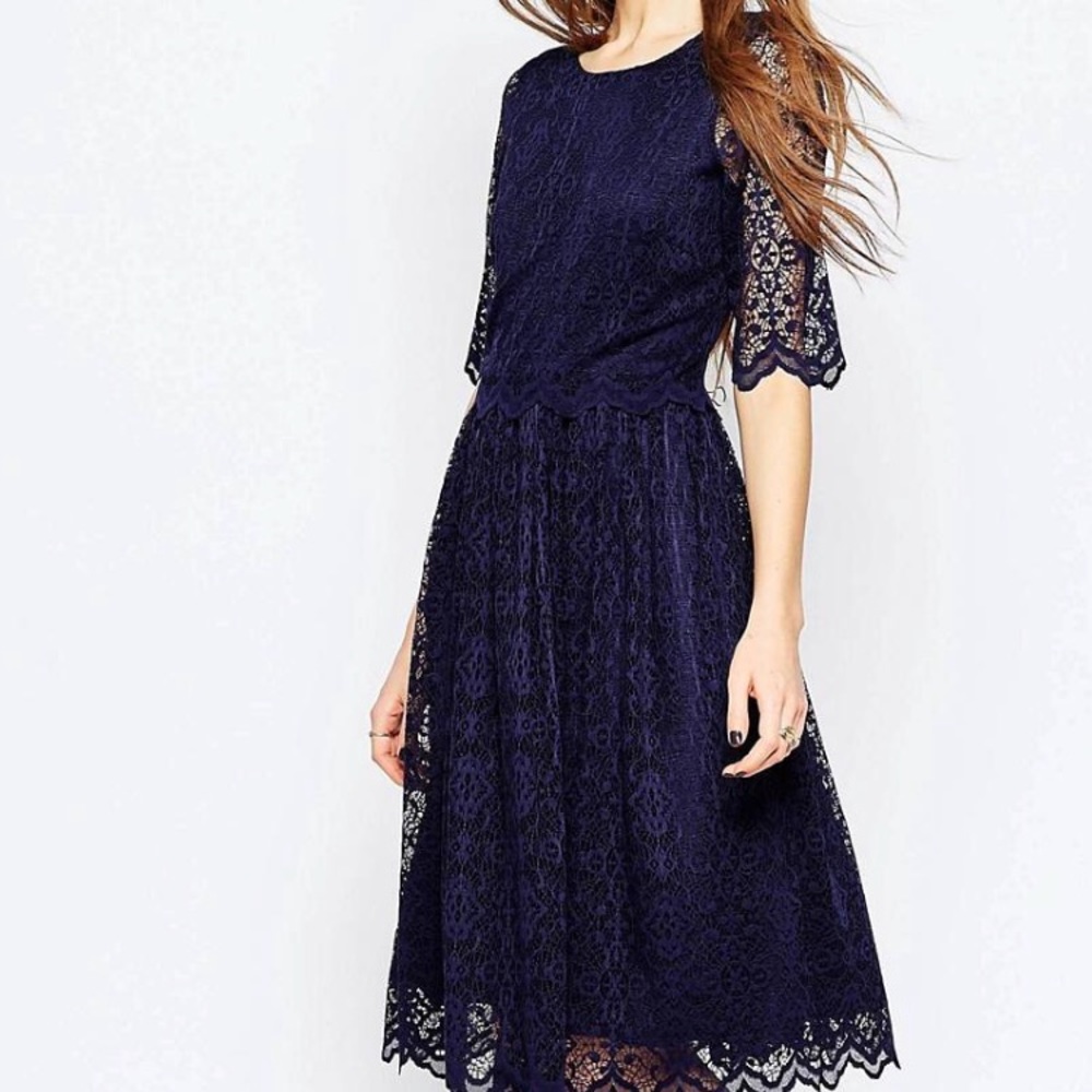 Asos Navy Lace Scalloped Midi Dress